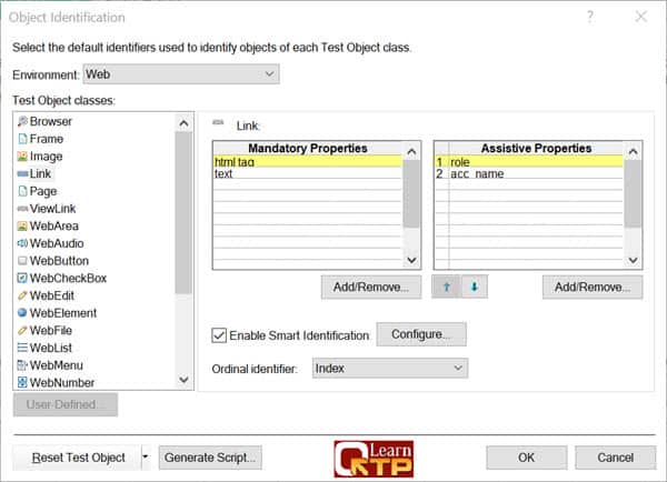 UFT object identification dialog box