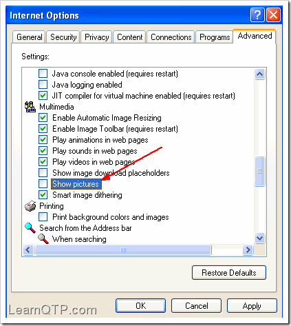 Uncheck Show Pictures