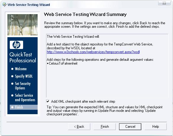 Web Services Test Wizard Summary