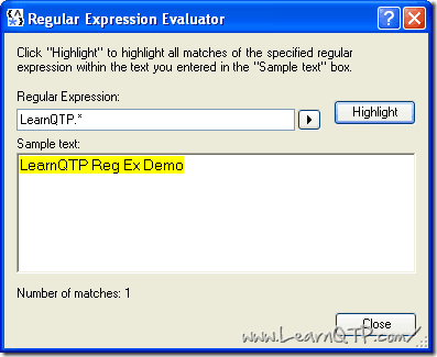UFT Regular Expression evaluator